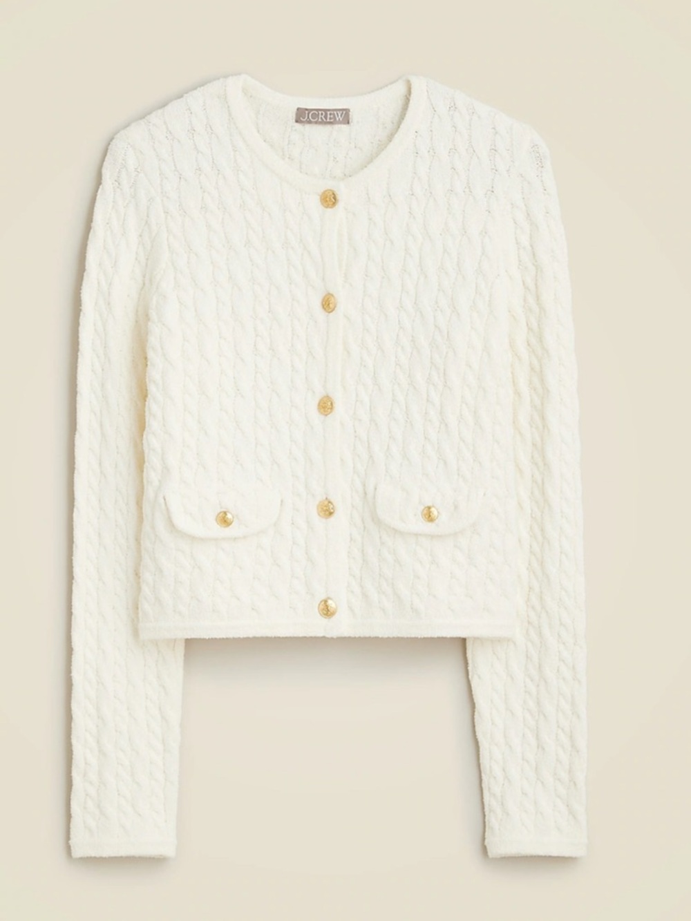 J. Crew Odette Ivory Cable Knit Cropped Lady Jacket with Gold Buttons NWT
